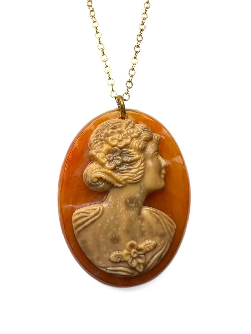 Vintage Amber Orange Cameo Pendant Necklace Sterling Clasp 19in Victorian